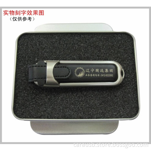 Steel edge inlaid leather case custom gift Usb flash disk gifts elongated shape